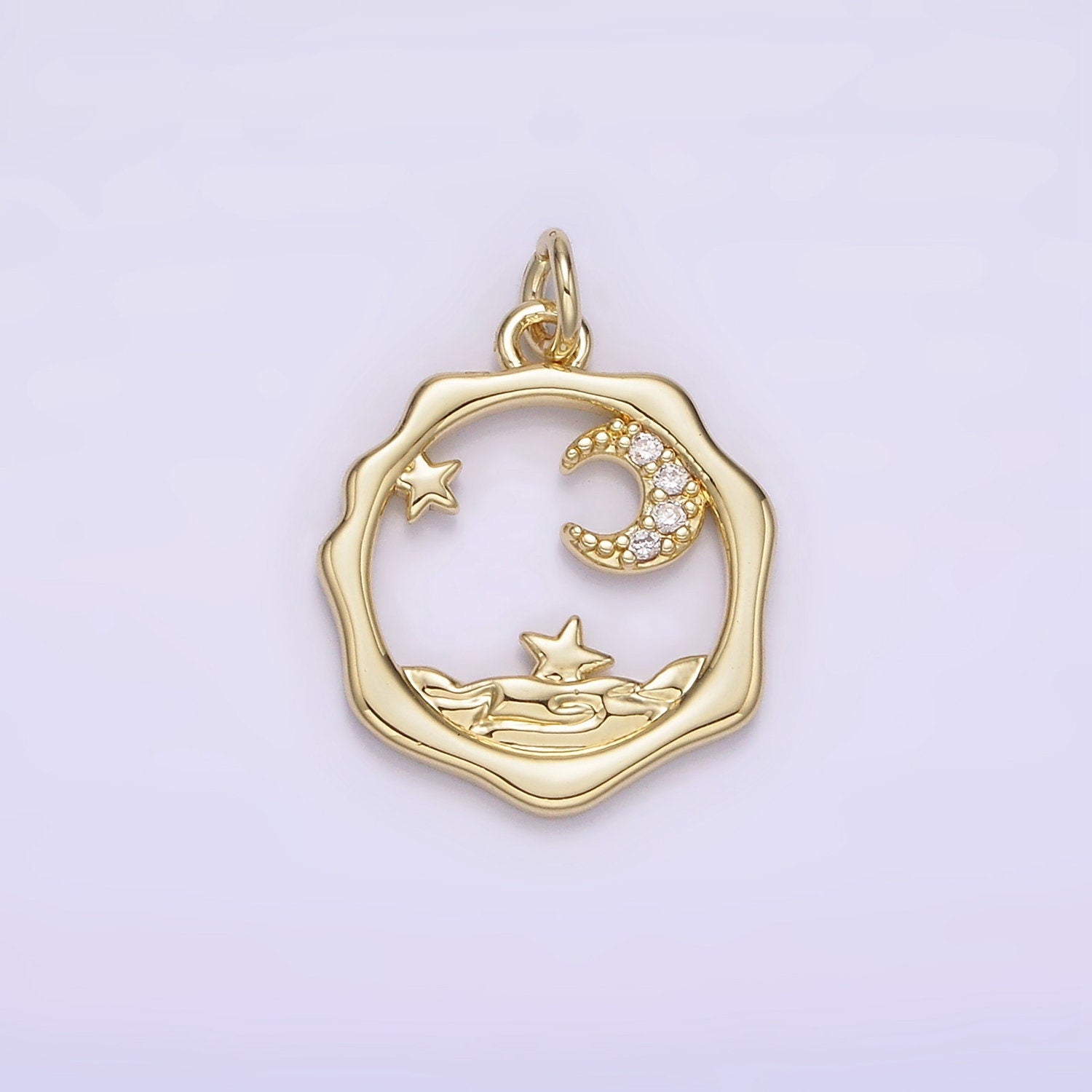 14K Gold Filled Micro Paved CZ Celestial Stars Crescent Moon Sea Open Wavy Round Charm | AG279