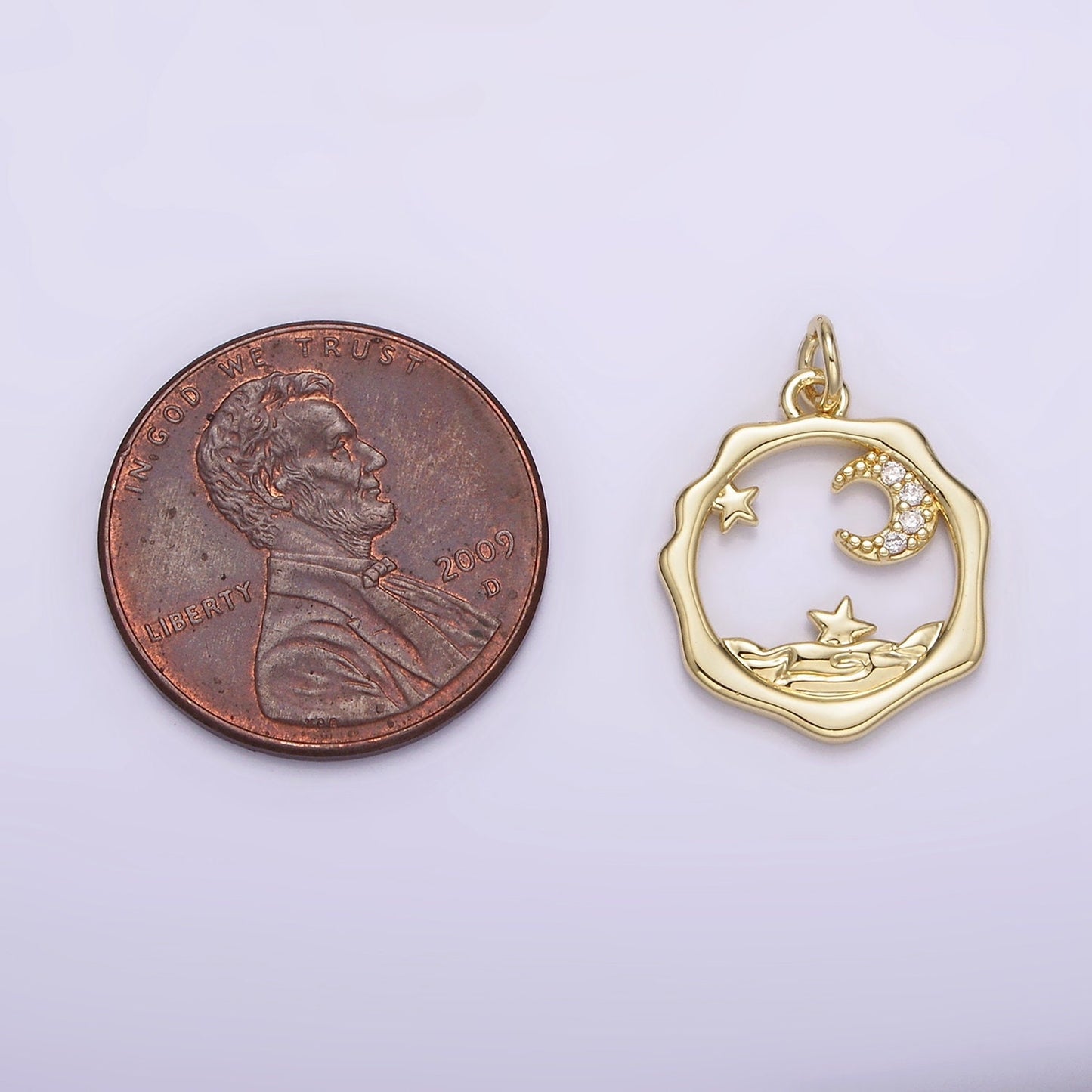 14K Gold Filled Micro Paved CZ Celestial Stars Crescent Moon Sea Open Wavy Round Charm | AG279