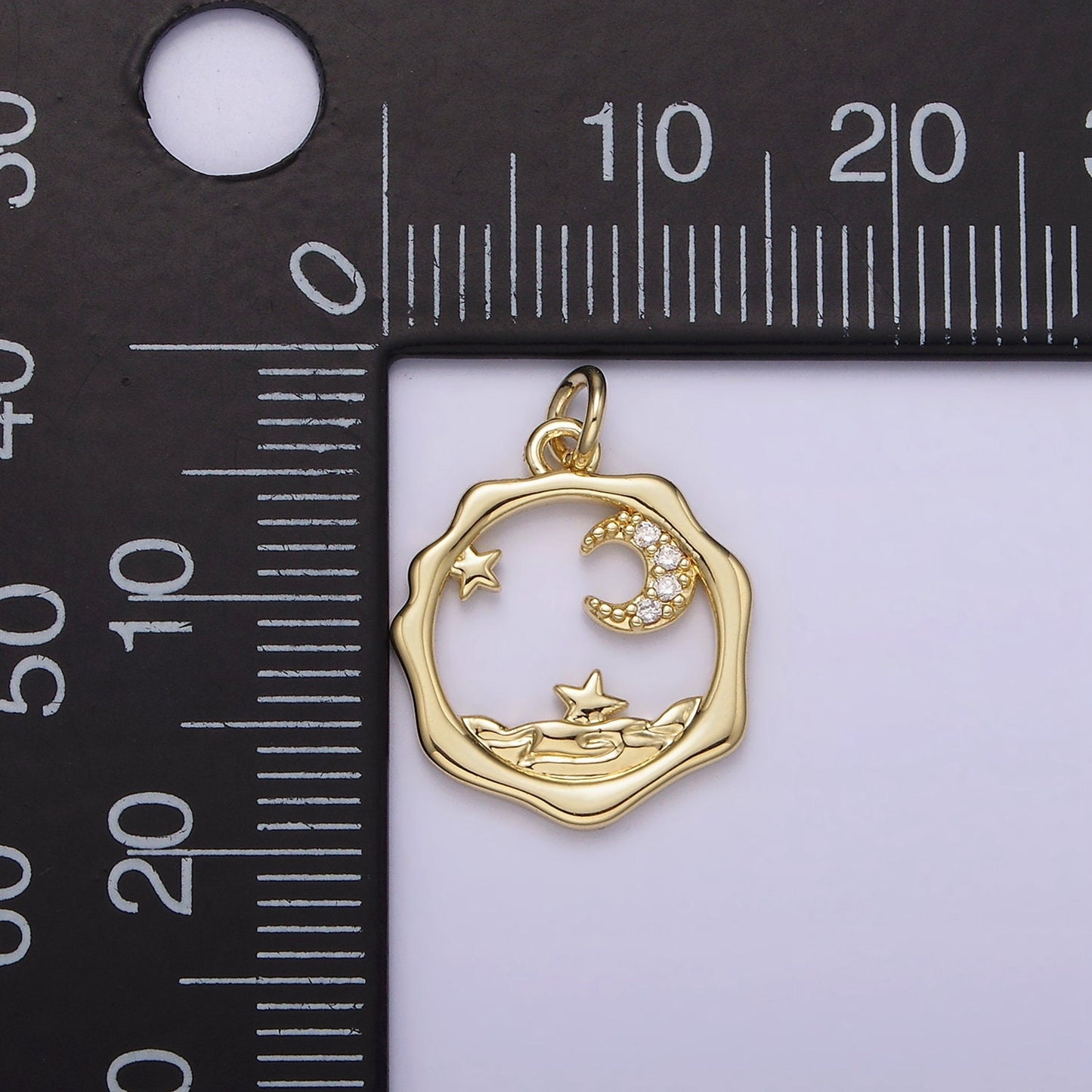 14K Gold Filled Micro Paved CZ Celestial Stars Crescent Moon Sea Open Wavy Round Charm | AG279
