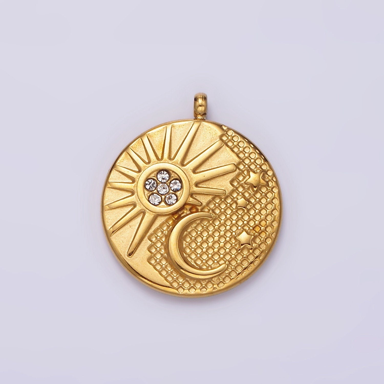 Stainless Steel Celestial Sun Crescent Moon Dotted Micro Paved CZ Double Sided Round Charm | P648