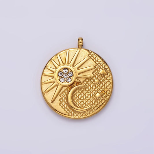 Stainless Steel Celestial Sun Crescent Moon Dotted Micro Paved CZ Double Sided Round Charm | P648