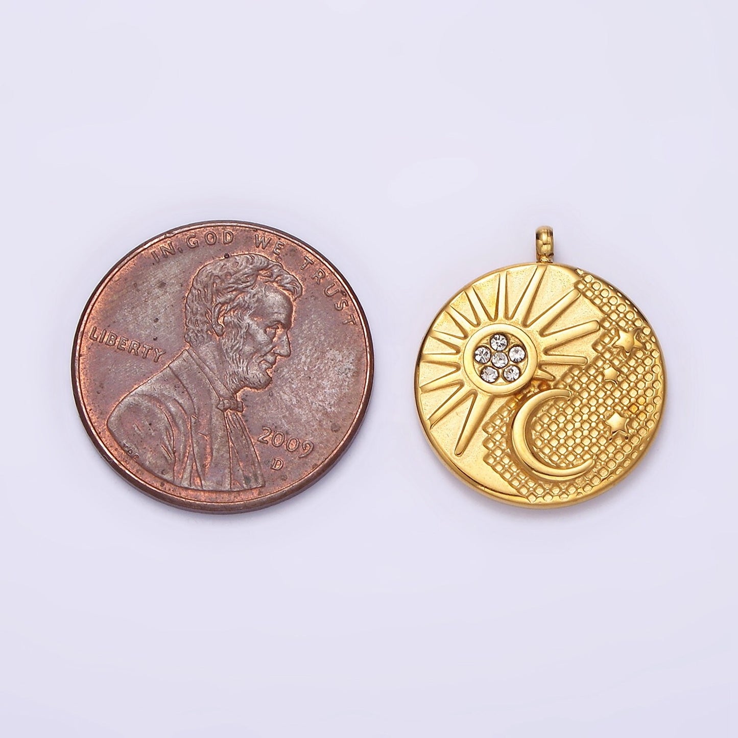 Stainless Steel Celestial Sun Crescent Moon Dotted Micro Paved CZ Double Sided Round Charm | P648