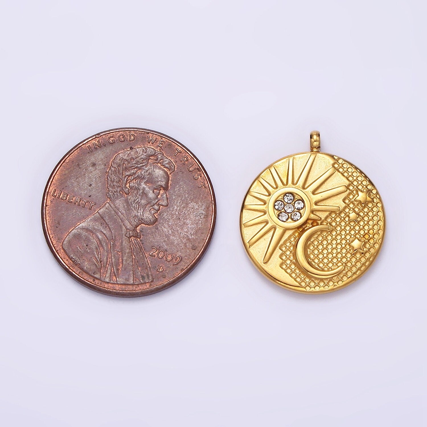 Stainless Steel Celestial Sun Crescent Moon Dotted Micro Paved CZ Double Sided Round Charm | P648