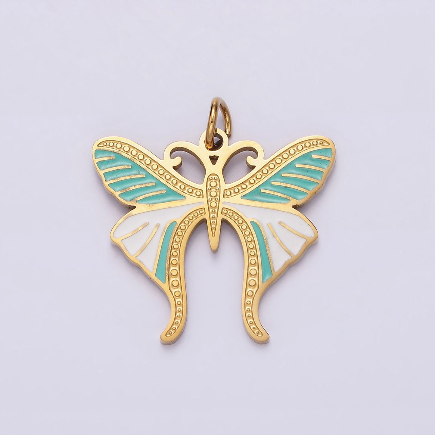 Stainless Steel Teal White Enamel Dotted Engraved Butterfly Wings Charm in Gold & Silver | P636