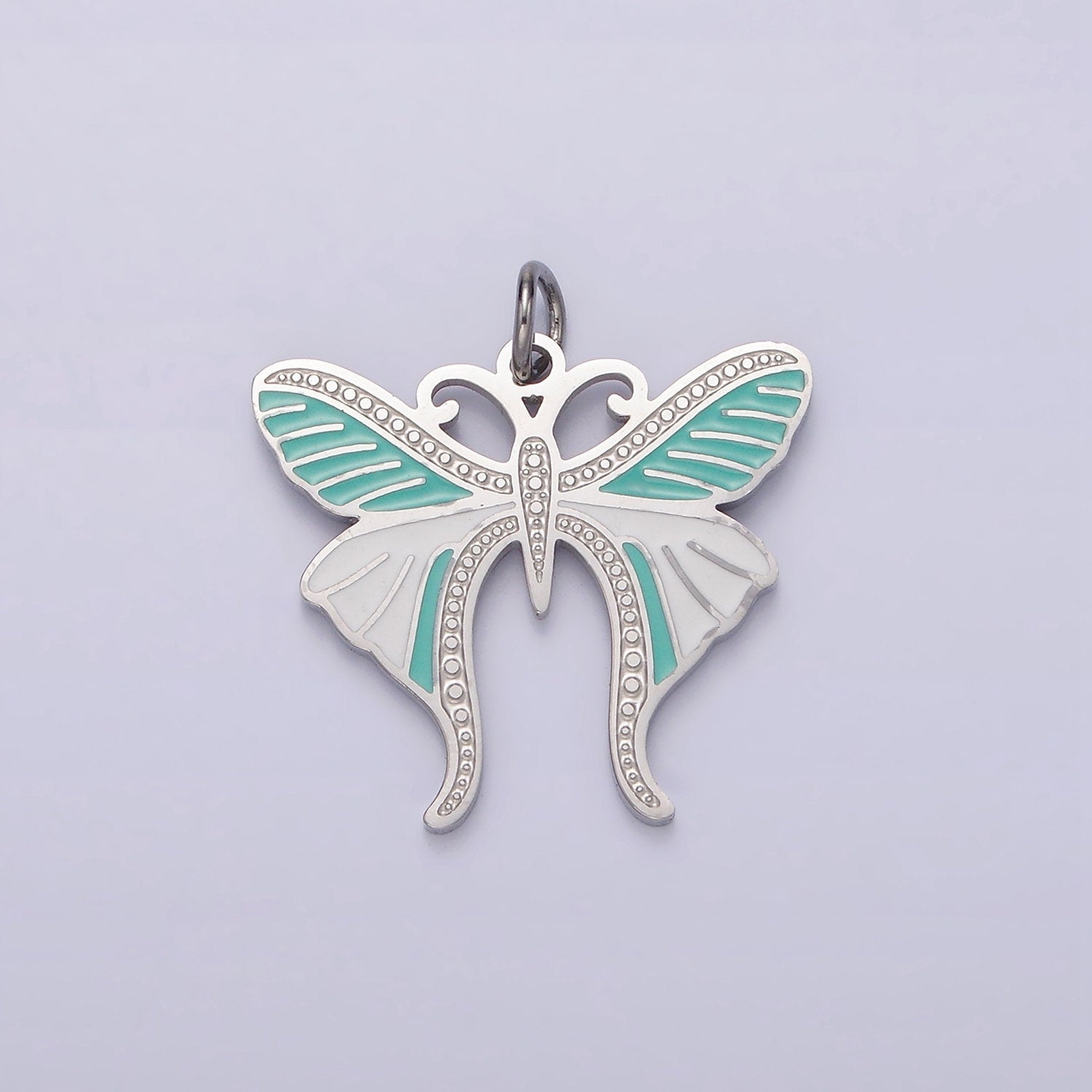 Stainless Steel Teal White Enamel Dotted Engraved Butterfly Wings Charm in Gold & Silver | P636