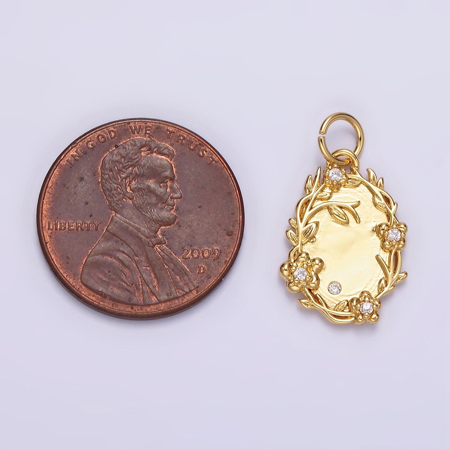 14K Gold Filled Clear CZ Flower Leaf Vine Nature Oval Charm in Gold & Silver | N1504 N1505