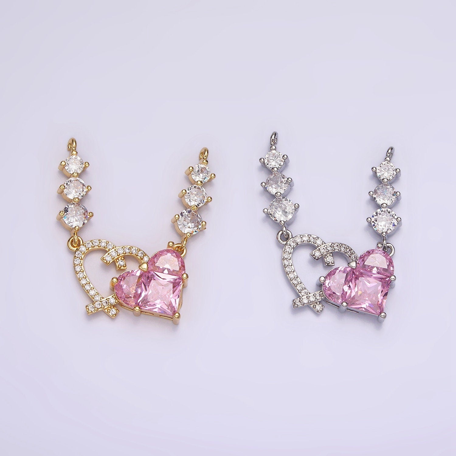 14K Gold Filled Pink CZ Faceted Micro Paved Open Heart Triple CZ Connector in Gold & Silver for Necklace Link Connector Necklace | G082 G083