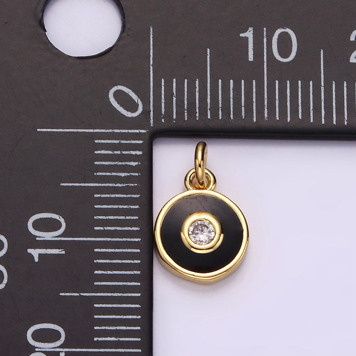 Mini Black Enamel Round Charm, Gold Filled CZ Charm Add on Jewelry Pendants Cubic Zirconia AC905