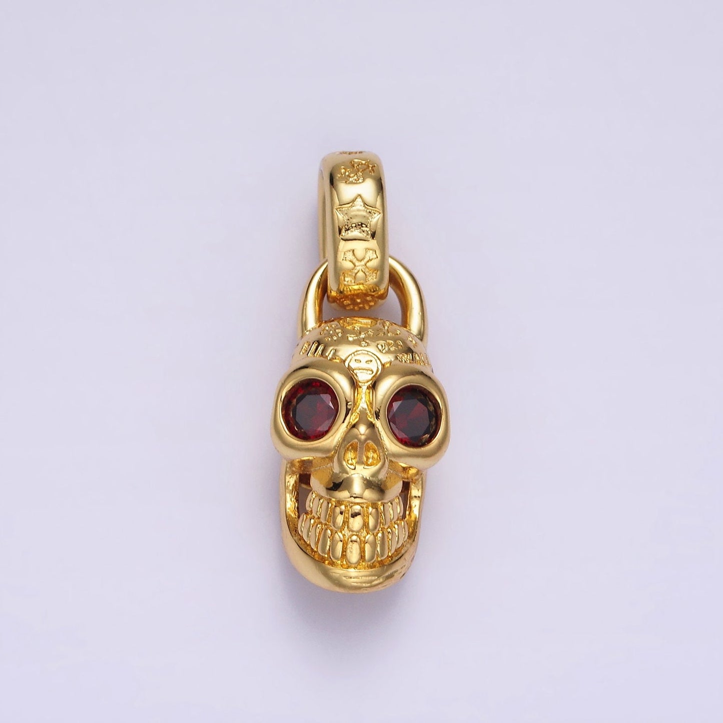 14K Gold Filled Red CZ Eyed Engraved Skeleton Skull Pendant in Gold & Silver | AC860 AC861