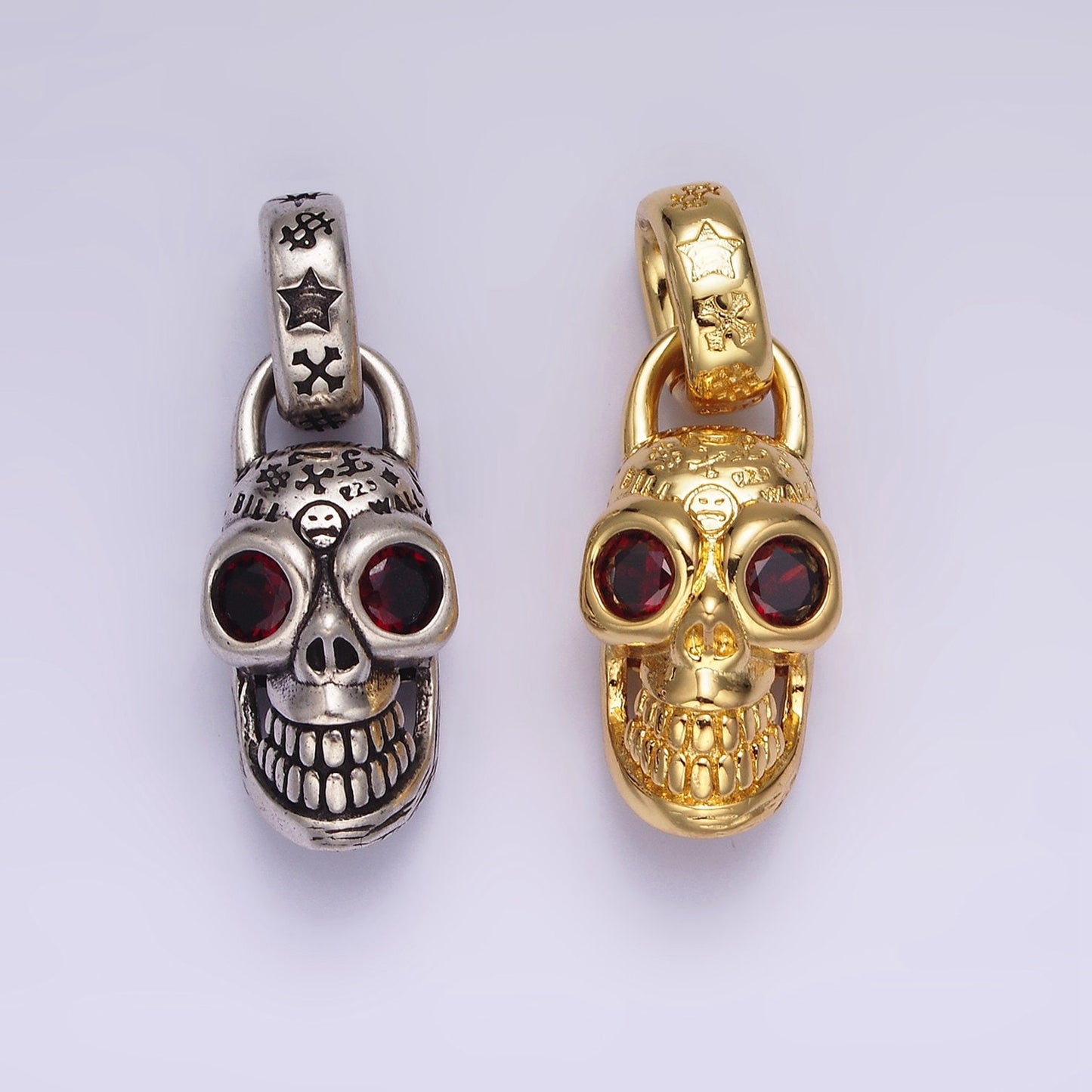 14K Gold Filled Red CZ Eyed Engraved Skeleton Skull Pendant in Gold & Silver | AC860 AC861
