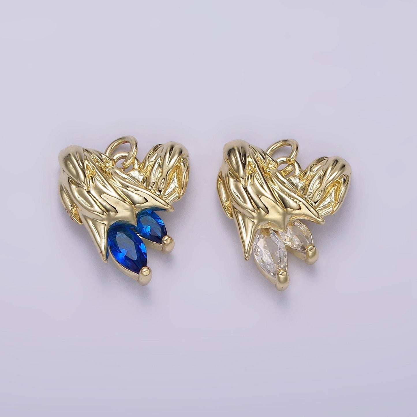 14K Gold Filled Blue, Clear Teardrop CZ Abstract Textured Heart Angel Wing Charm | AC902 AC903