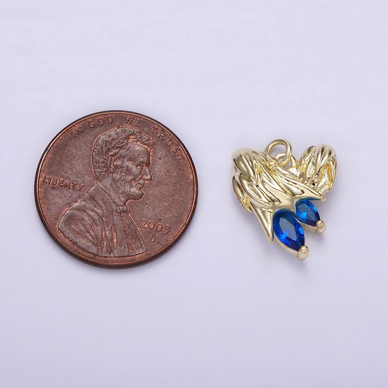 14K Gold Filled Blue, Clear Teardrop CZ Abstract Textured Heart Angel Wing Charm | AC902 AC903