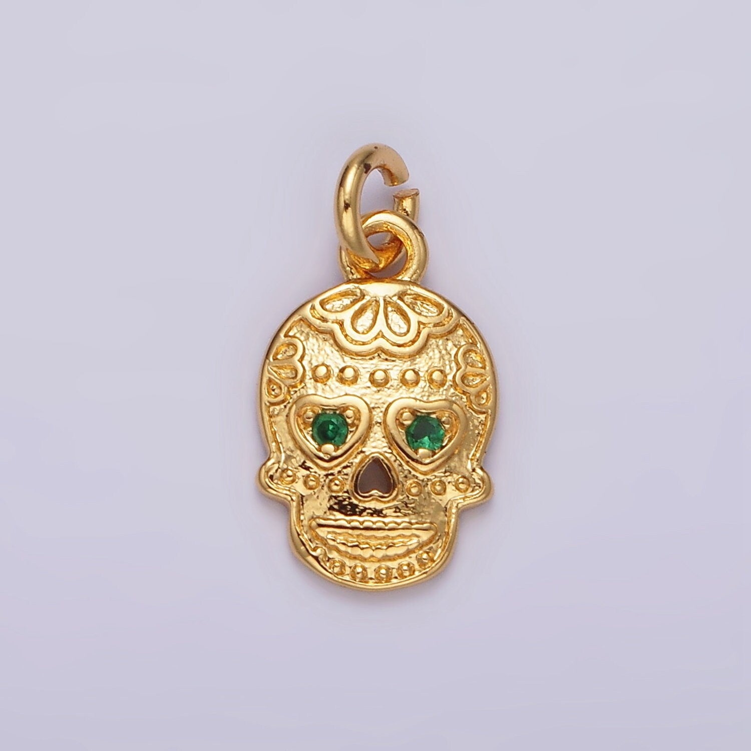 16K Gold Filled Green CZ Heart-Eyed Calavera Skeleton Skull Charm | AC851