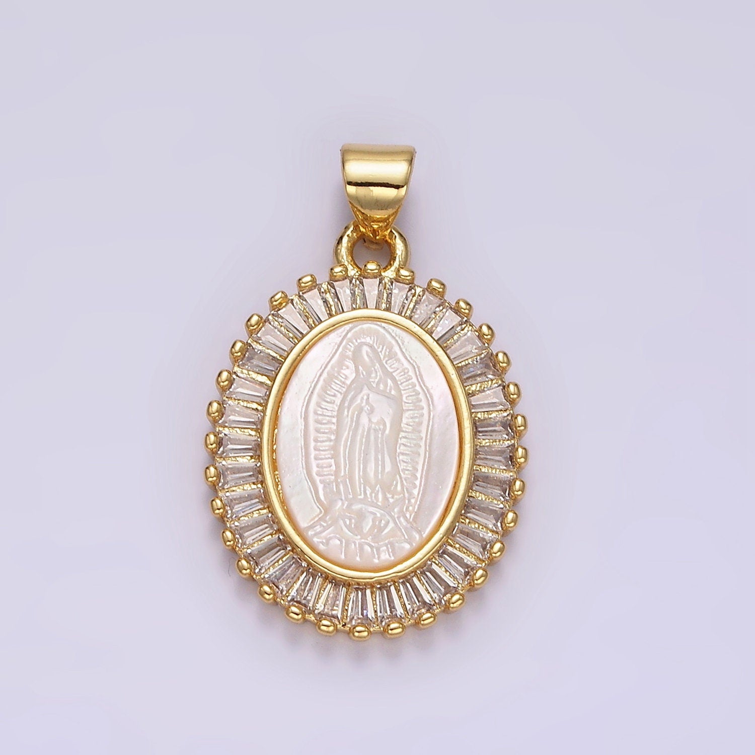 14K Gold Filled Lady Guadalupe Shell Pearl Baguette Outlined Oval Religious Pendant | N1912