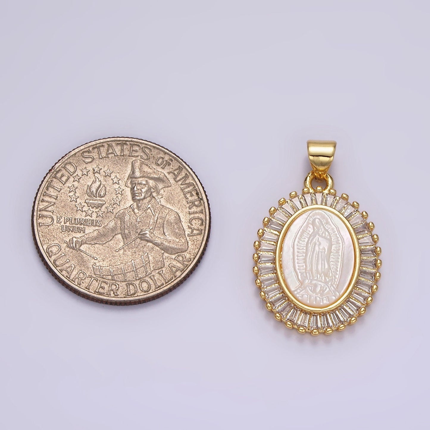 14K Gold Filled Lady Guadalupe Shell Pearl Baguette Outlined Oval Religious Pendant | N1912