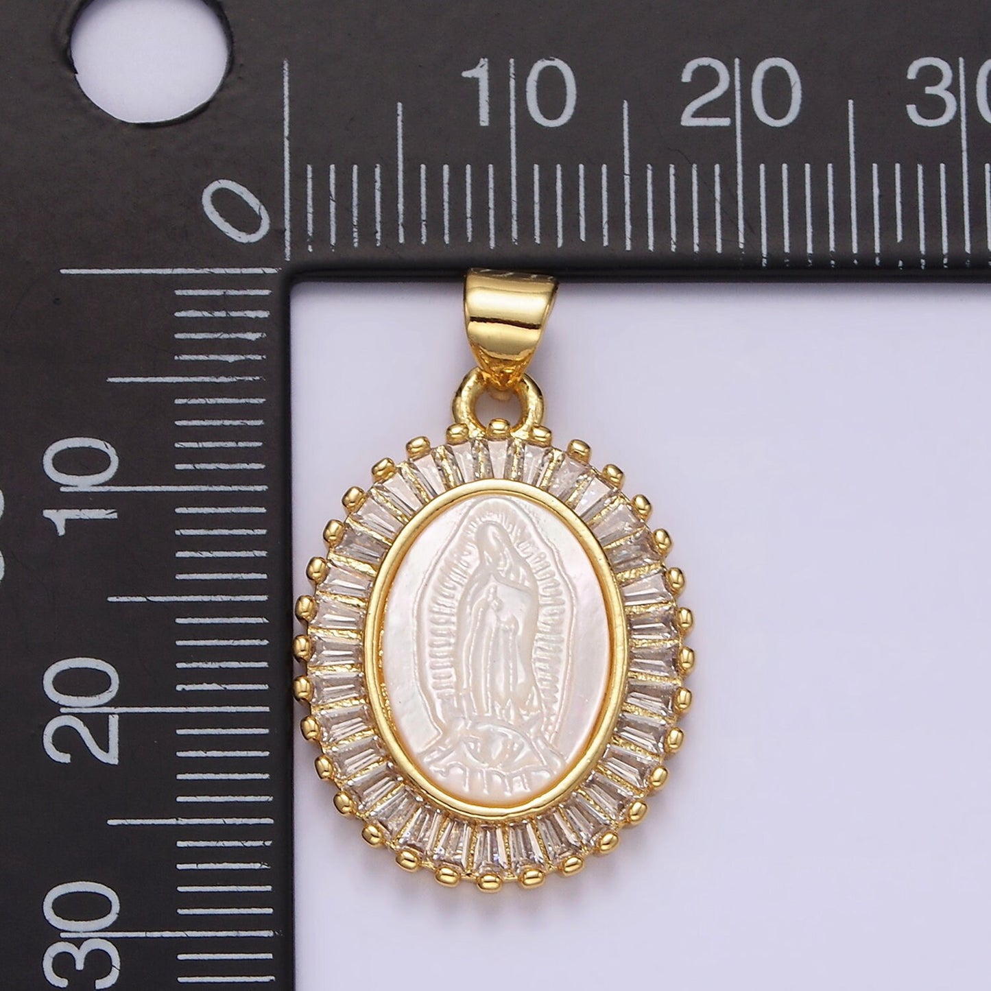 14K Gold Filled Lady Guadalupe Shell Pearl Baguette Outlined Oval Religious Pendant | N1912