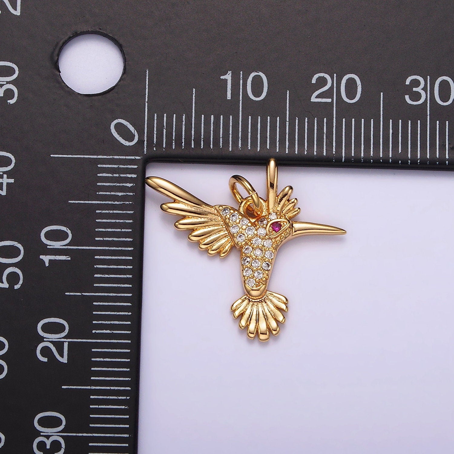14K Gold Filled Fuchsia-Eyed Micro Paved CZ Flying Bird Charm | AG360