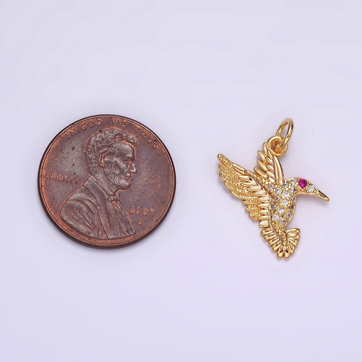 14K Gold Filled Fuchsia-Eyed Micro Paved CZ Flying Bird Charm | AG359