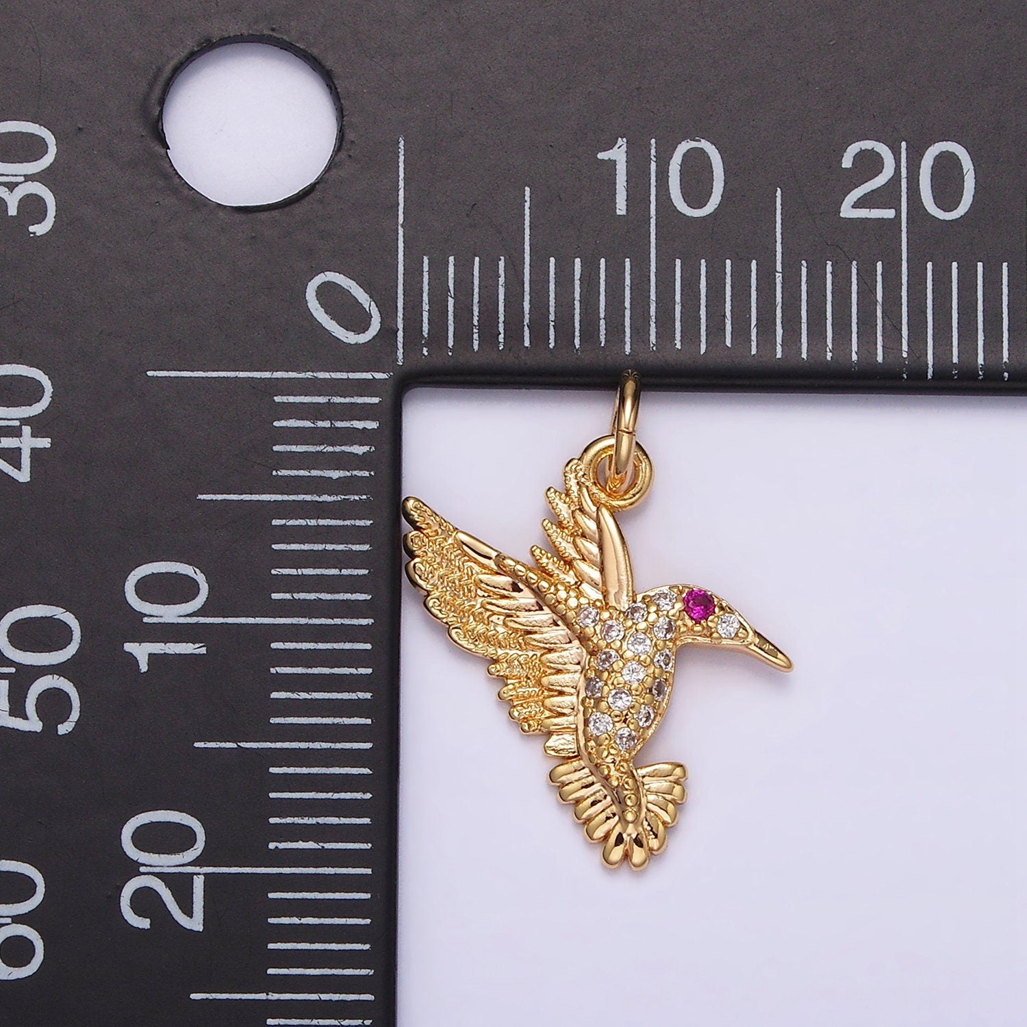 14K Gold Filled Fuchsia-Eyed Micro Paved CZ Flying Bird Charm | AG359
