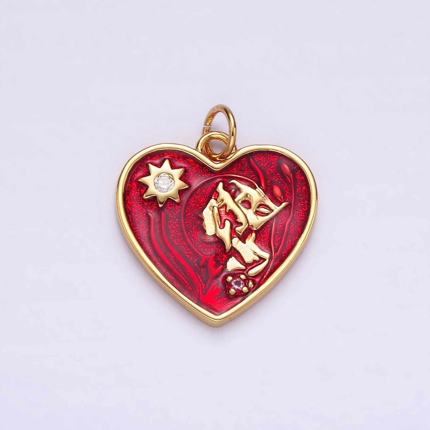 Dainty Gold Red Enamel Heart Charm with Star AG401