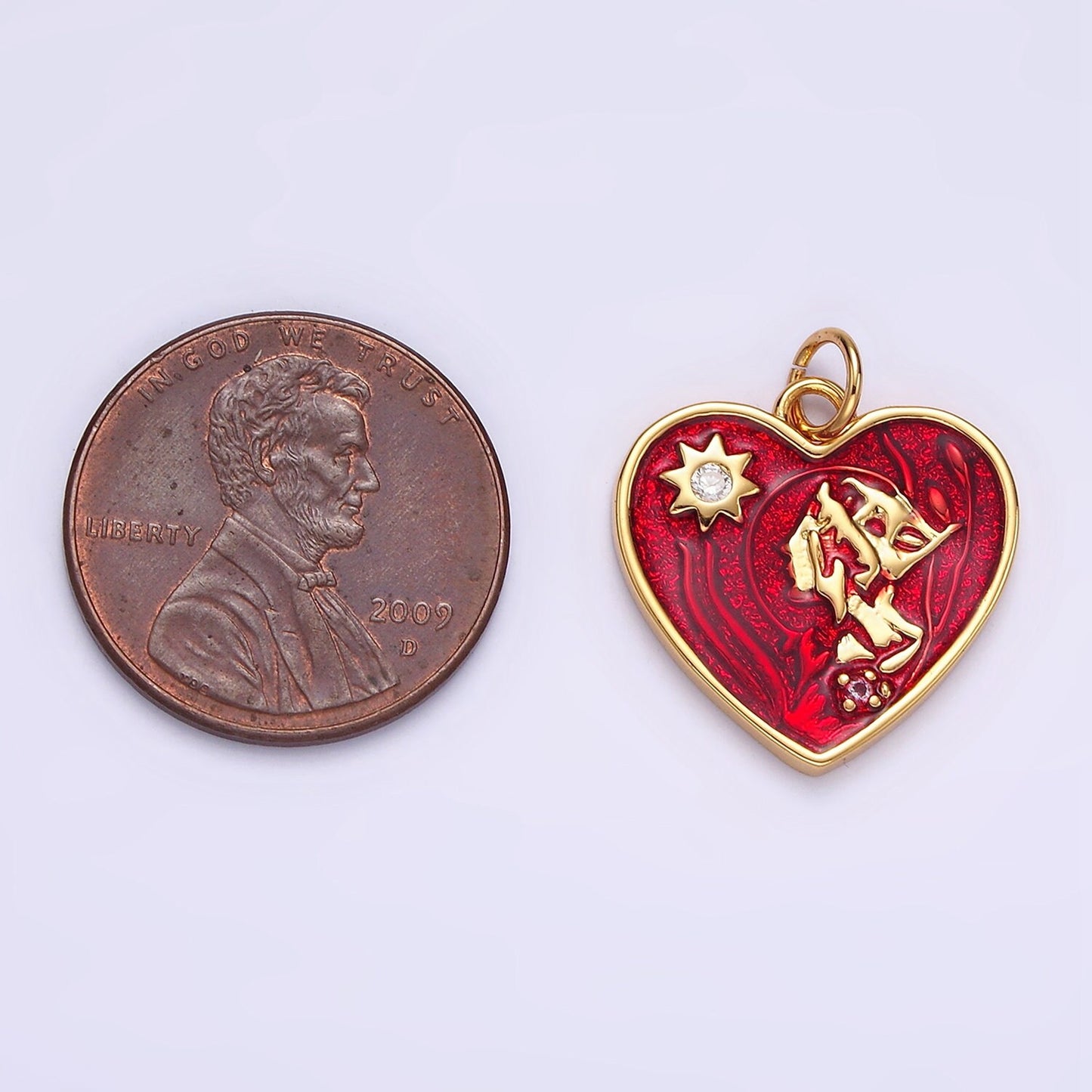 Dainty Gold Red Enamel Heart Charm with Star AG401