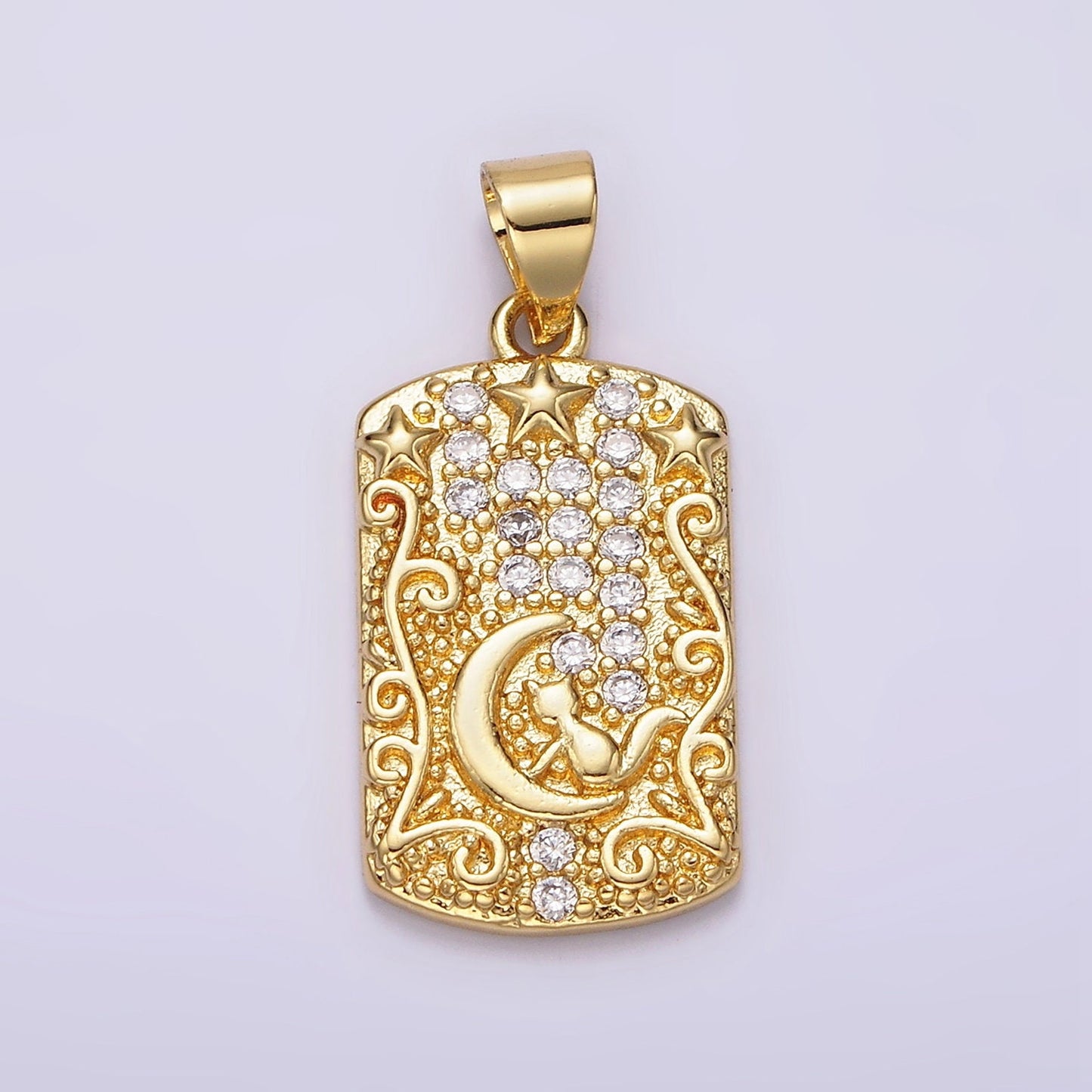 16K Gold Filled Cat Animal Celestial Crescent Moon Clear CZ Micro Paved Rectangular Tag Pendant | AA082