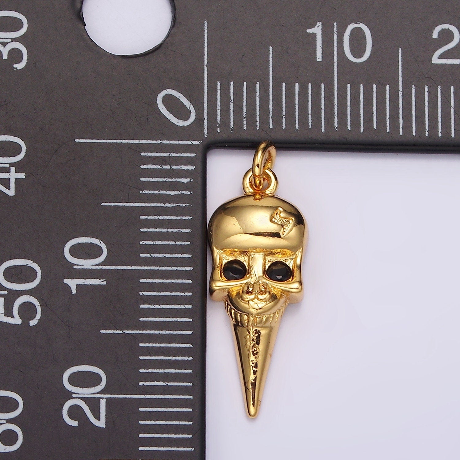 16K Gold Filled Black CZ Eyed Lightning Bolt Skeleton Skull Spiked Charm | AC857