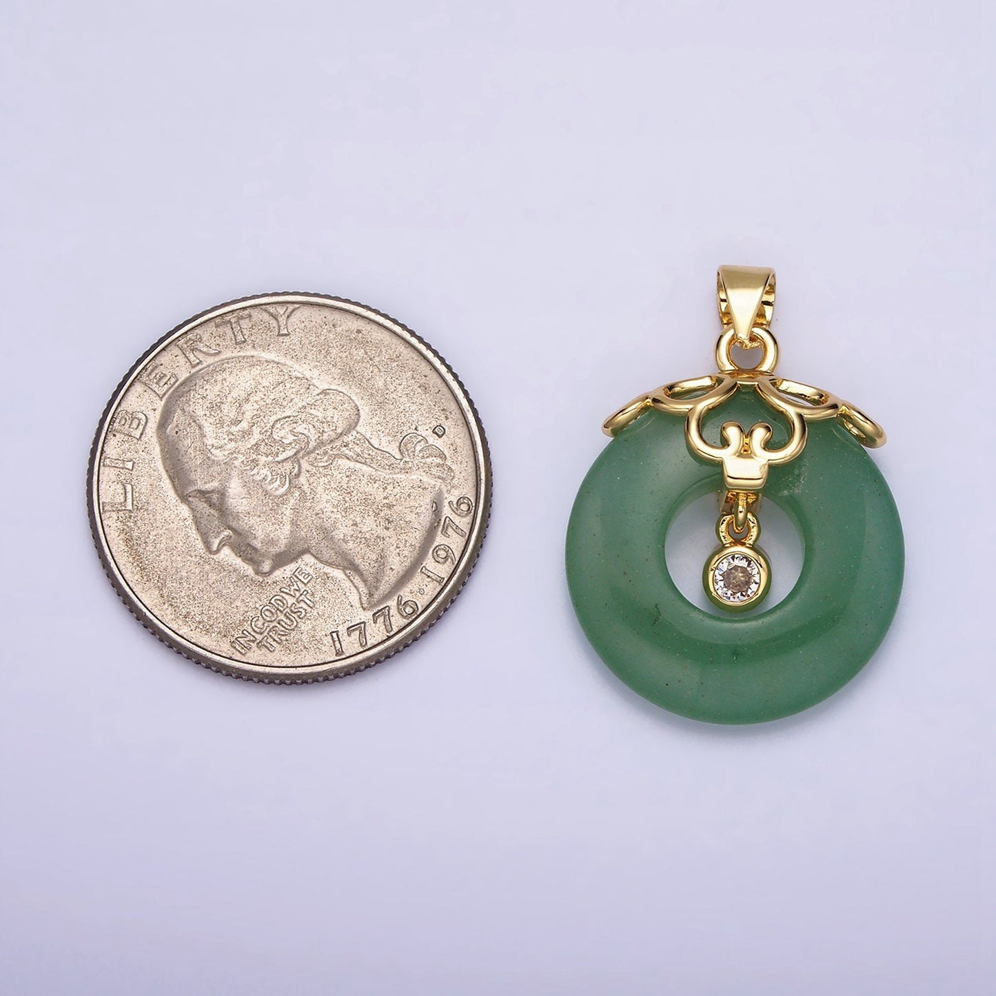 16K Gold Filled Natural Green Jade Donut Artisan Frame Clear CZ Bezel Dangle Pendant | AA532