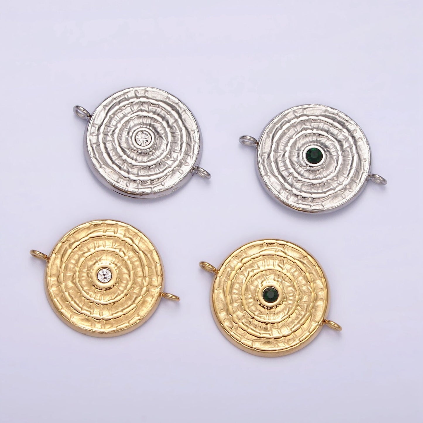 Stainless Steel Green, Clear CZ 15mm Textured Circular Round Connector in Gold & Silver | P684 P687