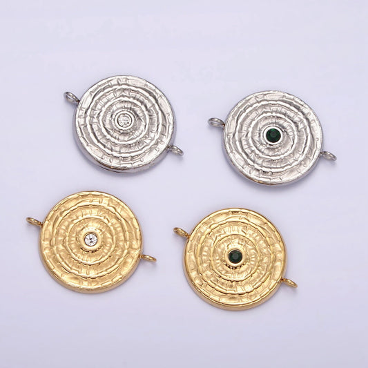 Stainless Steel Green, Clear CZ 15mm Textured Circular Round Connector in Gold & Silver | P684 P687