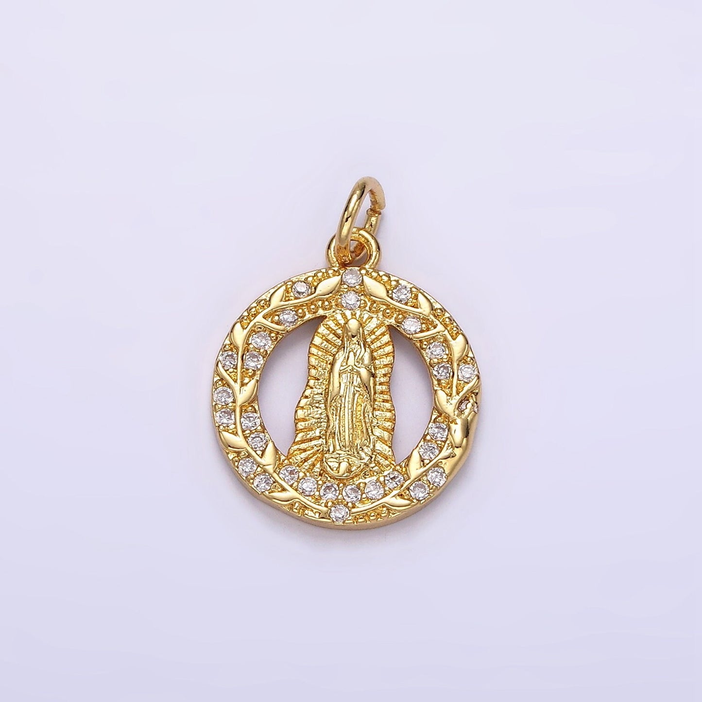 14K Gold Filled Mother Mary Lady Guadalupe Open Vine Plant Micro Paved CZ Round Charm in Gold & Silver | AG393 AG394