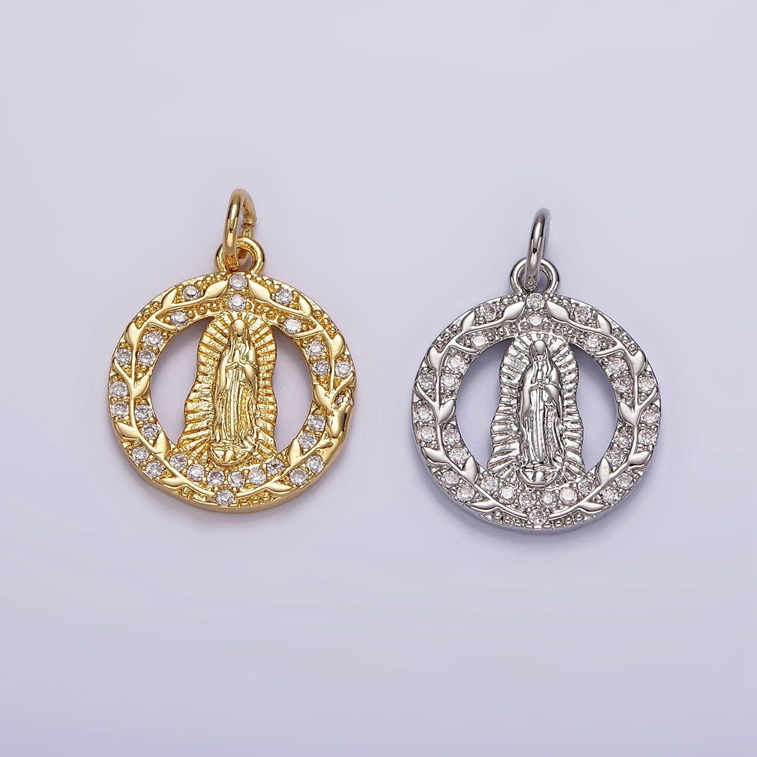 14K Gold Filled Mother Mary Lady Guadalupe Open Vine Plant Micro Paved CZ Round Charm in Gold & Silver | AG393 AG394