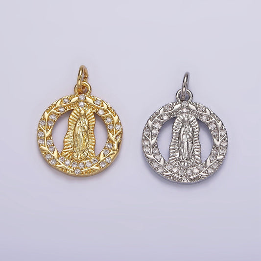 14K Gold Filled Mother Mary Lady Guadalupe Open Vine Plant Micro Paved CZ Round Charm in Gold & Silver | AG393 AG394