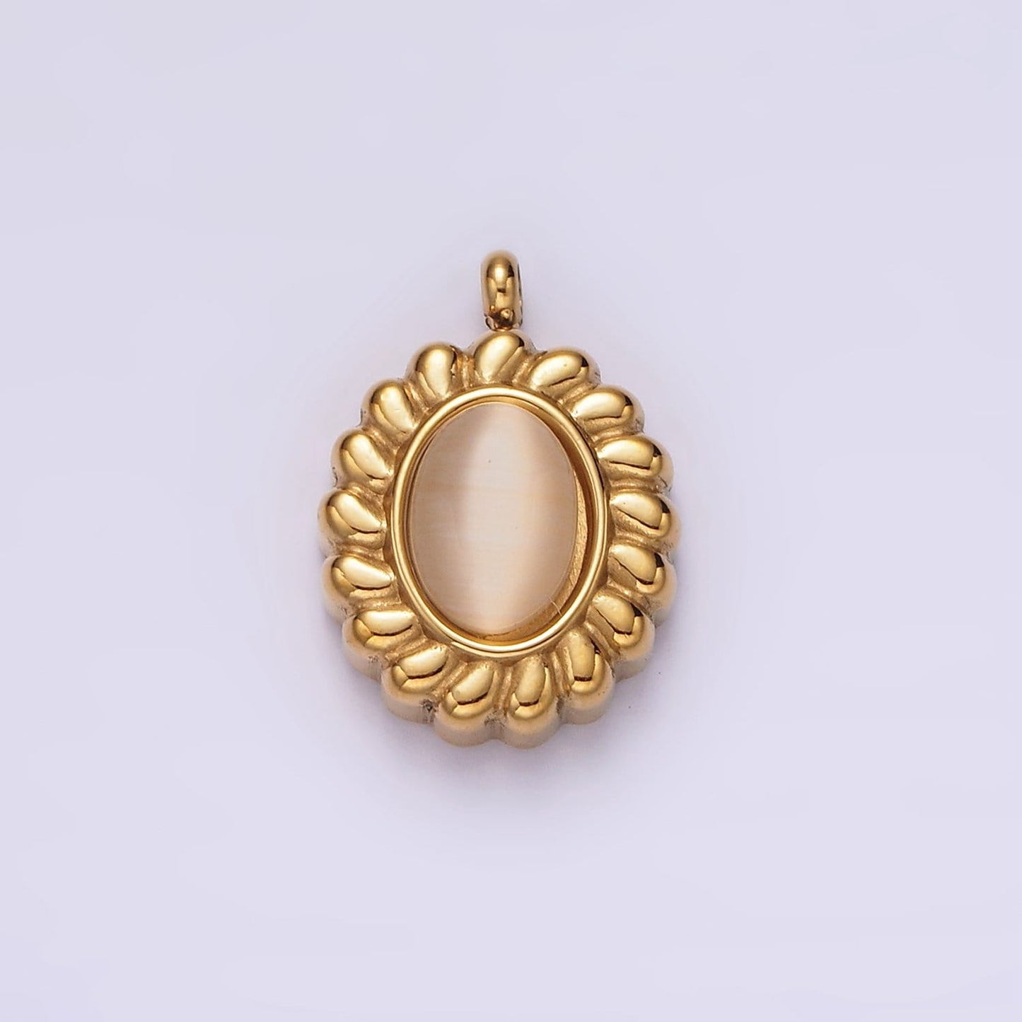 Stainless Steel 17mm Chrysoberyl Cat's Eye Puffed Outline Oval Charm in Gold & Silver | P1261