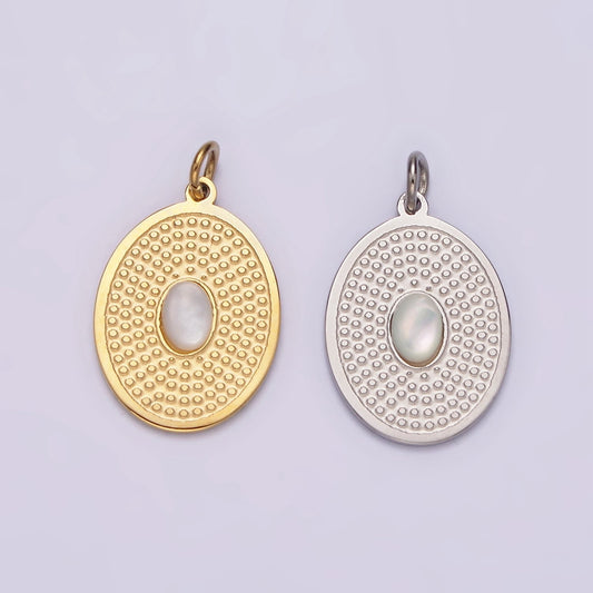 Stainless Steel White Chrysoberyl Cat's Eye Dotted Oval Charm in Gold & Silver | P1326