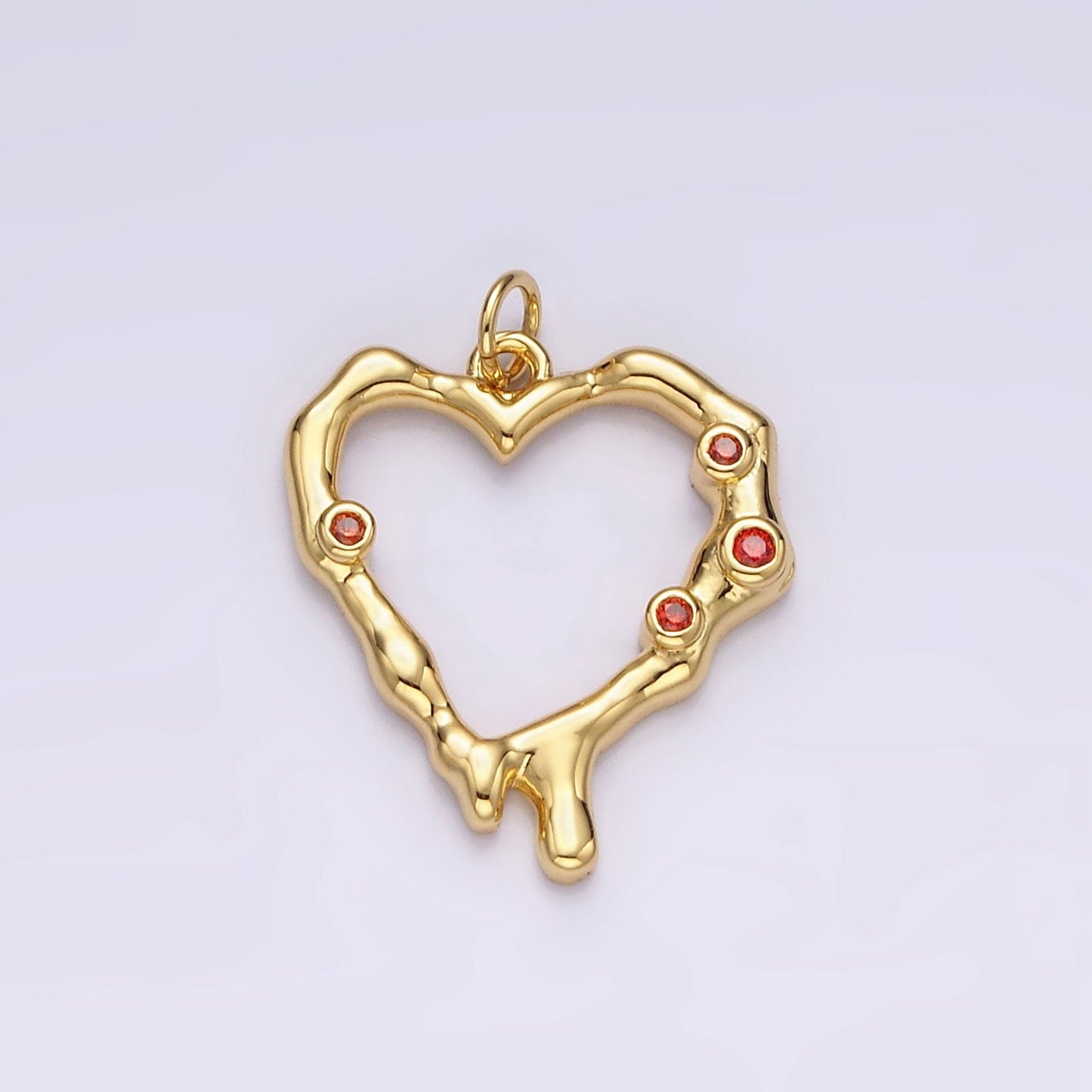 14K Gold Filled Red CZ Dotted Molten Drip Open Heart Charm | AC787