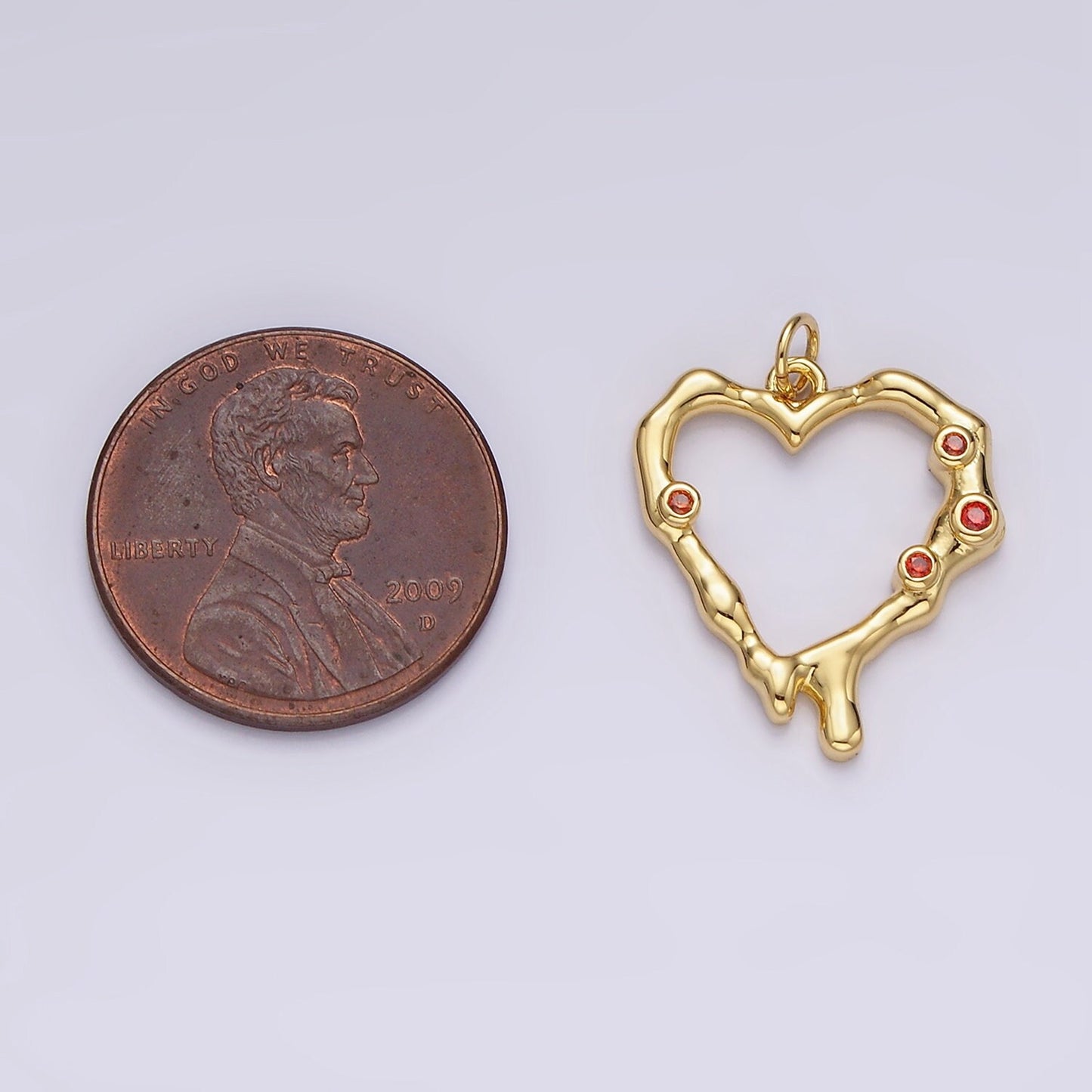 14K Gold Filled Red CZ Dotted Molten Drip Open Heart Charm | AC787