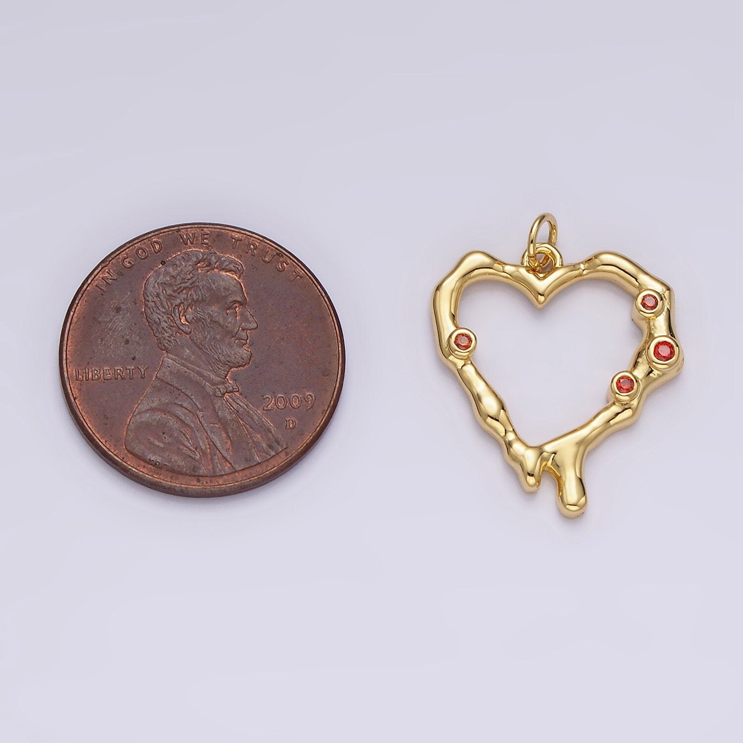 14K Gold Filled Red CZ Dotted Molten Drip Open Heart Charm | AC787