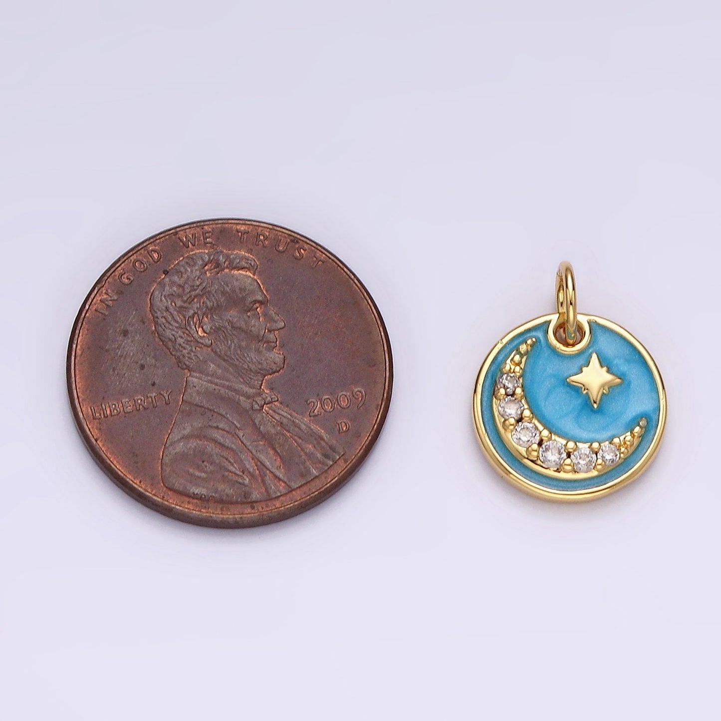 14K Gold Filled Celestial North Star Crescent Moon Micro Paved CZ Blue Sparkly Round Charm | AC784