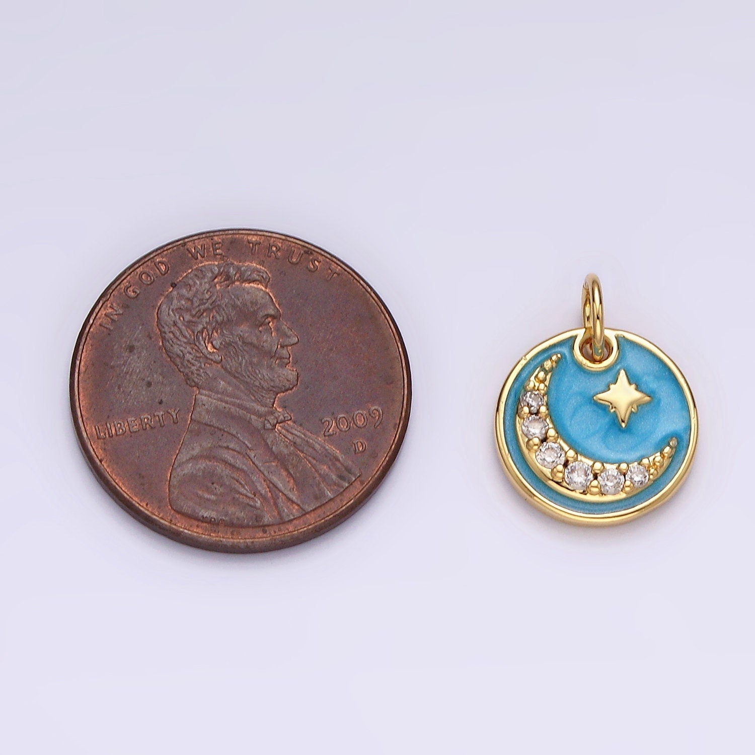 14K Gold Filled Celestial North Star Crescent Moon Micro Paved CZ Blue Sparkly Round Charm | AC784