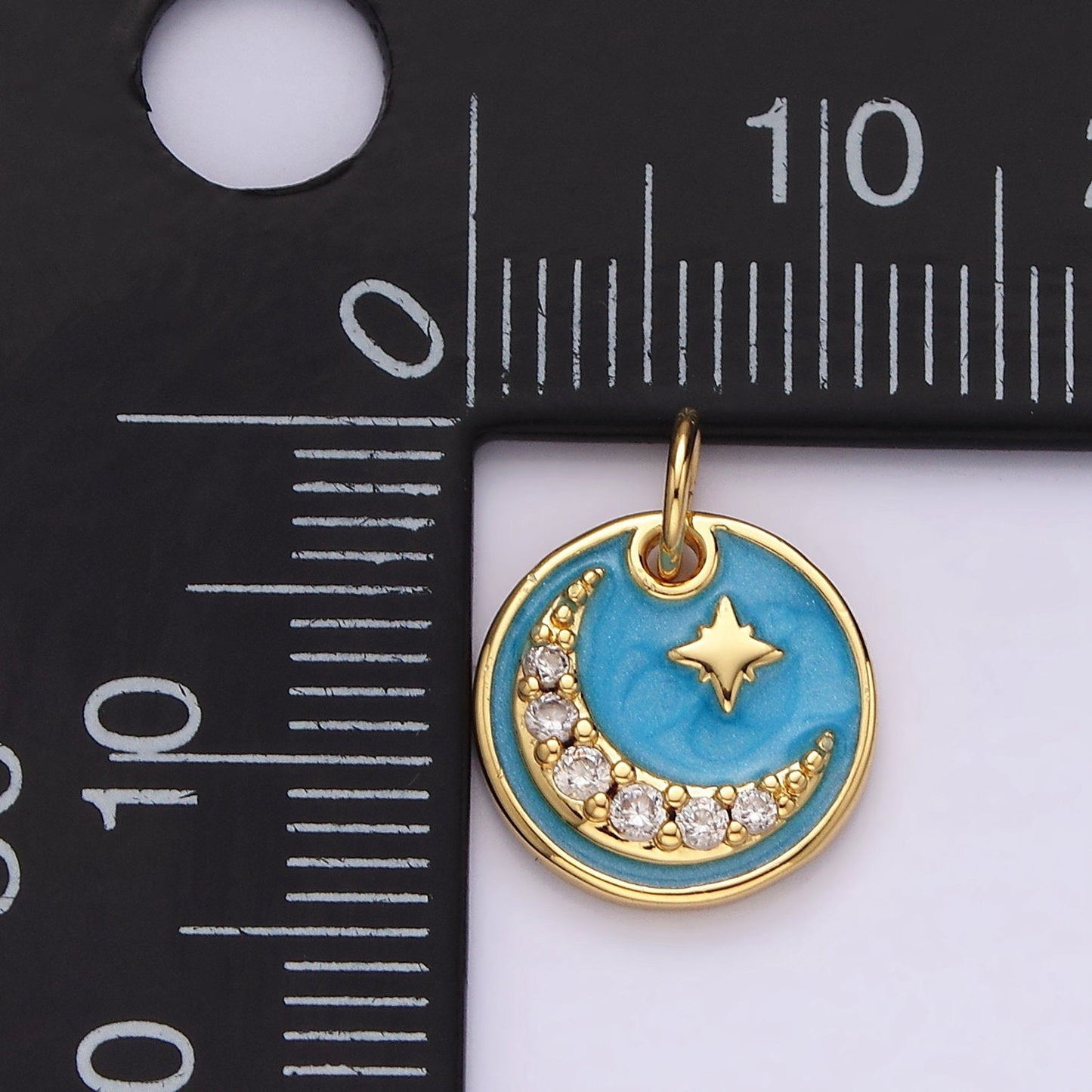 14K Gold Filled Celestial North Star Crescent Moon Micro Paved CZ Blue Sparkly Round Charm | AC784
