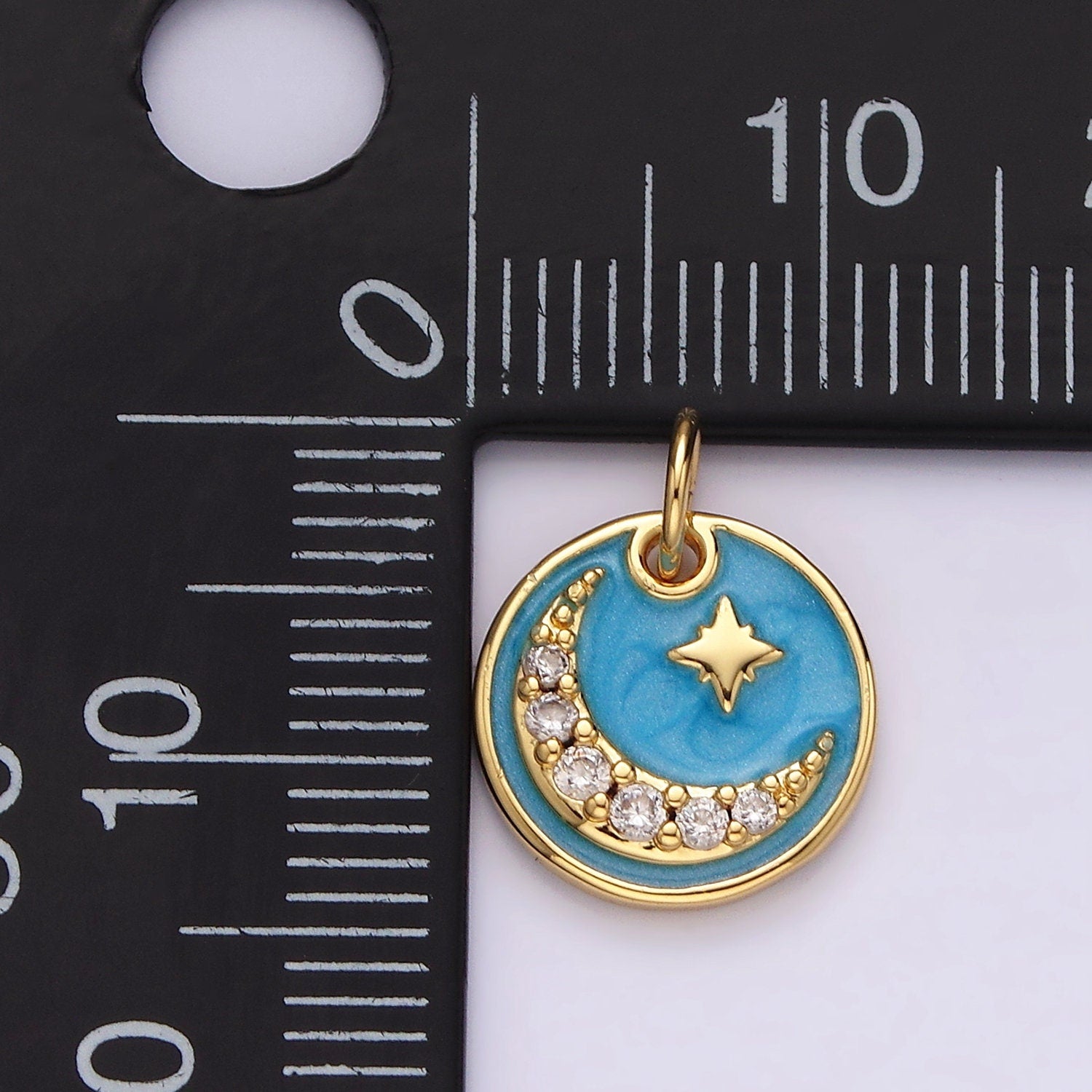 14K Gold Filled Celestial North Star Crescent Moon Micro Paved CZ Blue Sparkly Round Charm | AC784