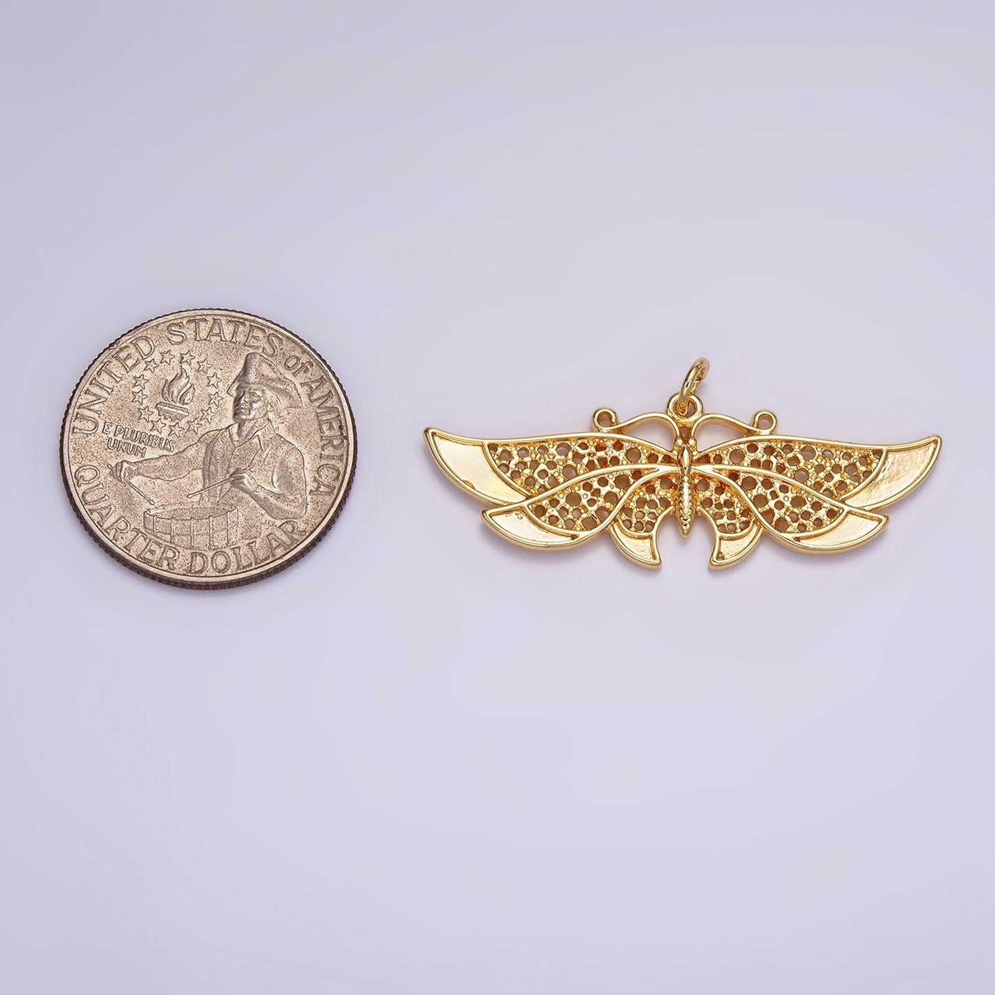 24K Gold Filled 18mm Antenna Butterfly Open Round Dotted Wings Insect Animal Charm | AC862