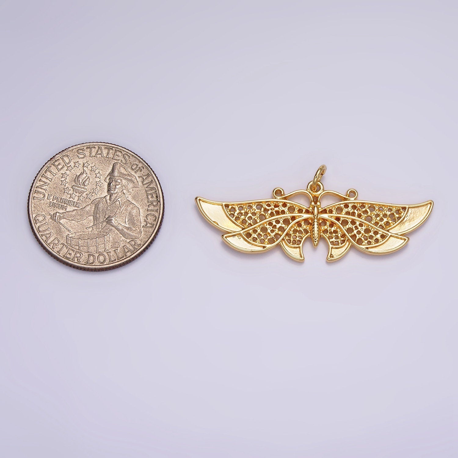 24K Gold Filled 18mm Antenna Butterfly Open Round Dotted Wings Insect Animal Charm | AC862