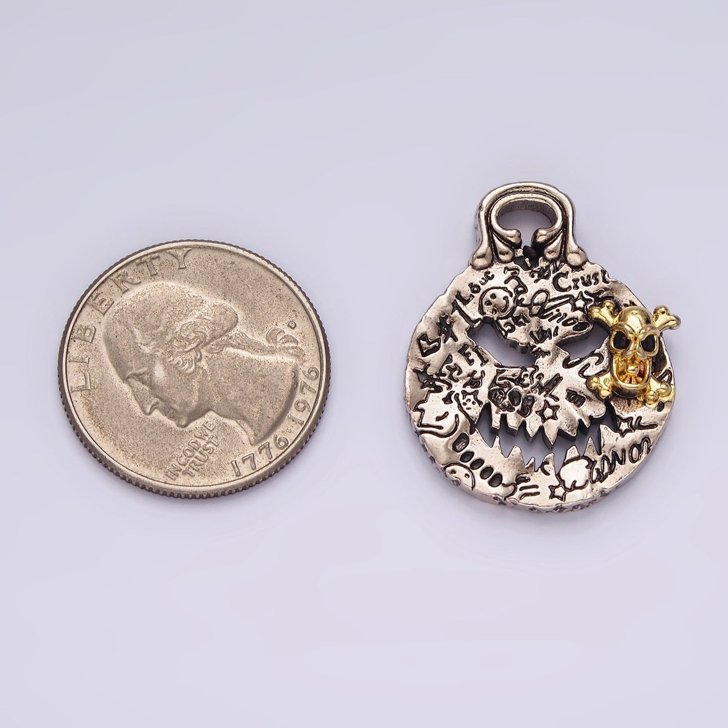 Stainless Steel Black CZ Skull Charm Skeleton Angry Face Graffiti Double Sided Scary Pumpkin Halloween Inspired Pendant | P-862