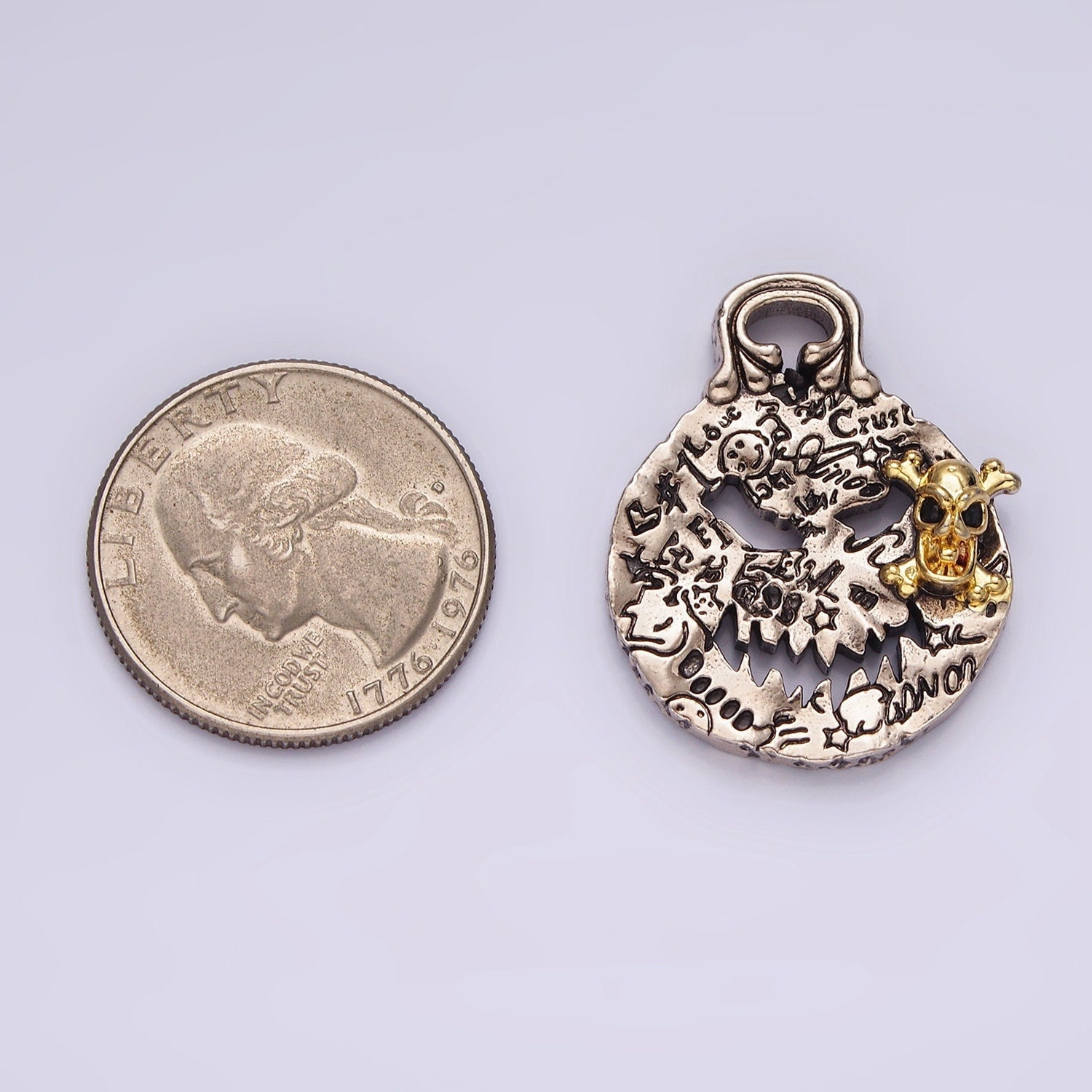 Stainless Steel Black CZ Skull Charm Skeleton Angry Face Graffiti Double Sided Scary Pumpkin Halloween Inspired Pendant | P-862