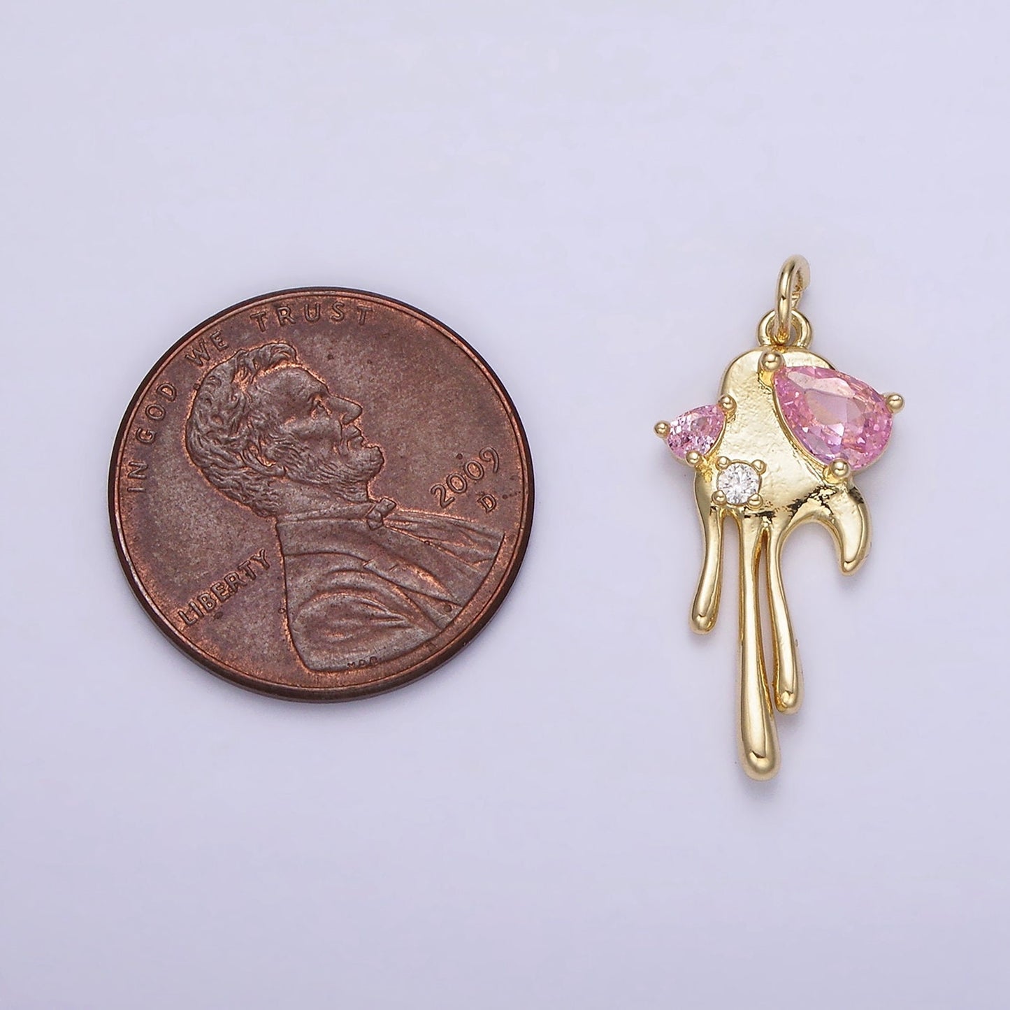 24K Gold Filled Pink CZ Teardrop Molten Drip Charm | AG362