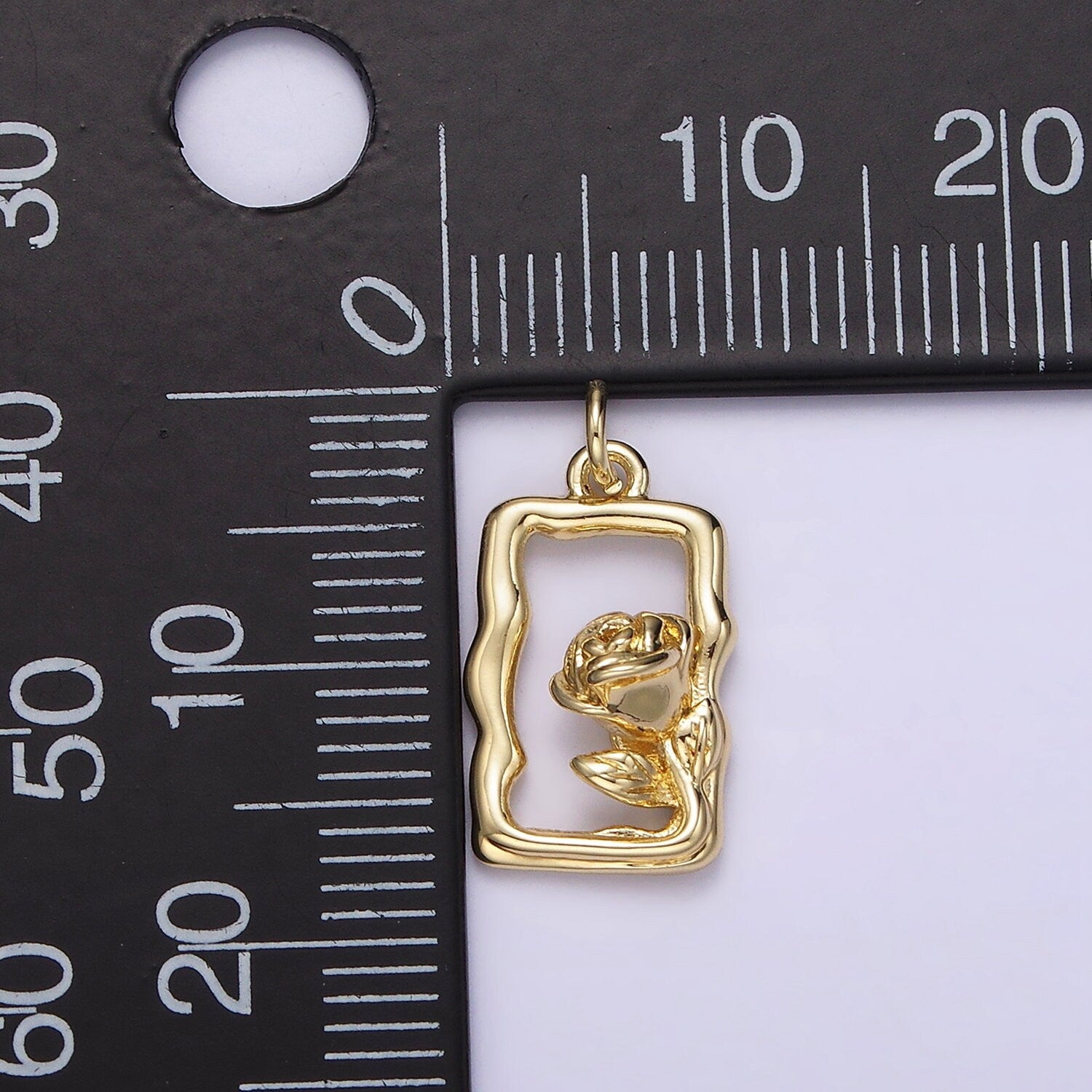 14K Gold Filled Rose Flower Open Wavy Rectangular Charm | AC898