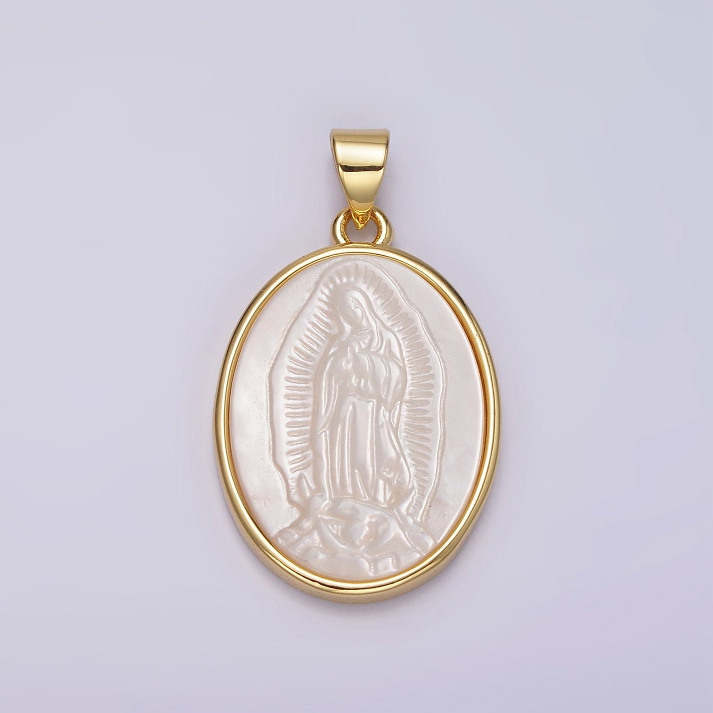 14K Gold Filled Mother Mary Lady Guadalupe Shell Pearl Oval Bezel Pendant | N1949