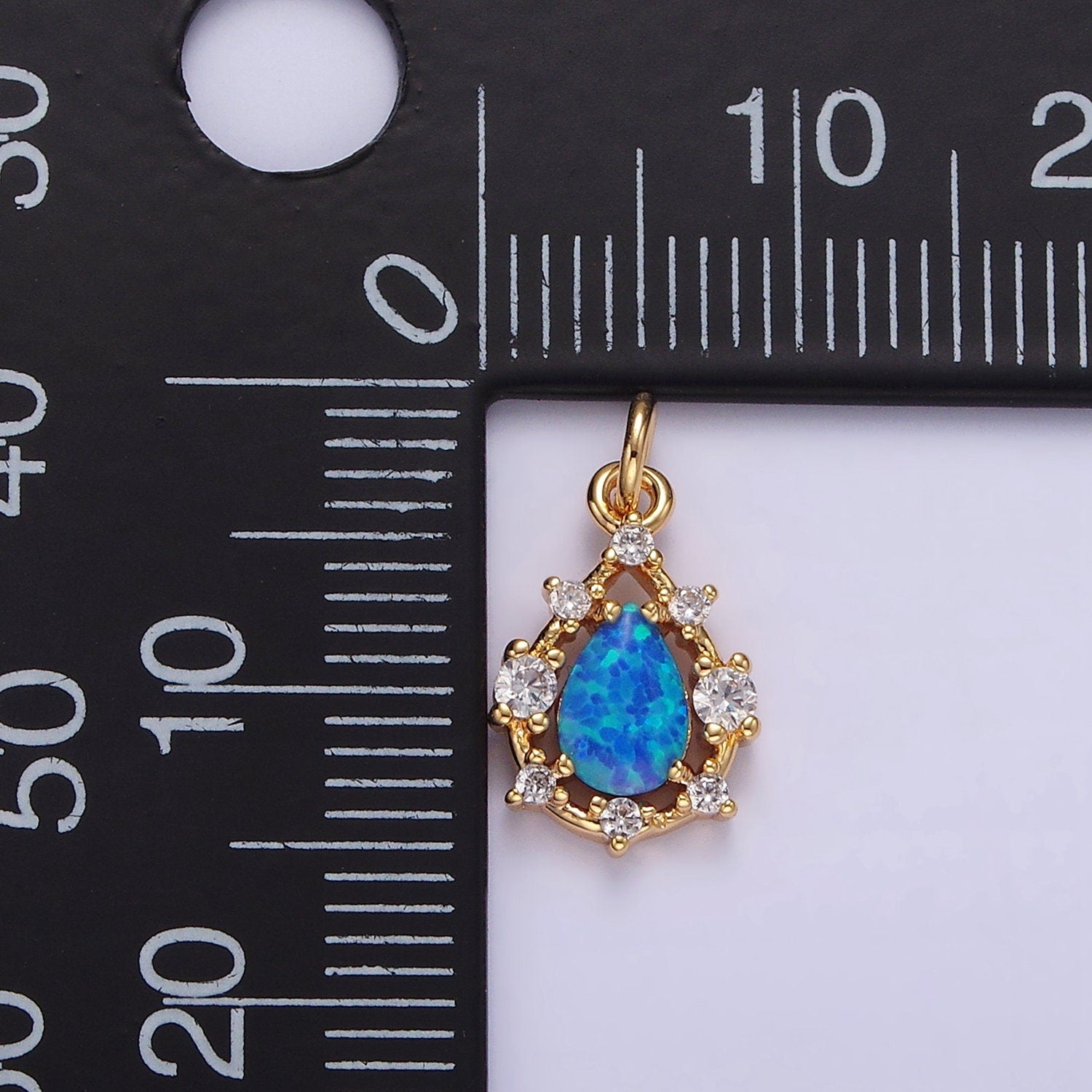 14K Gold Filled White, Blue Opal Teardrop CZ Dotted Outline Charm | AC817 AC818